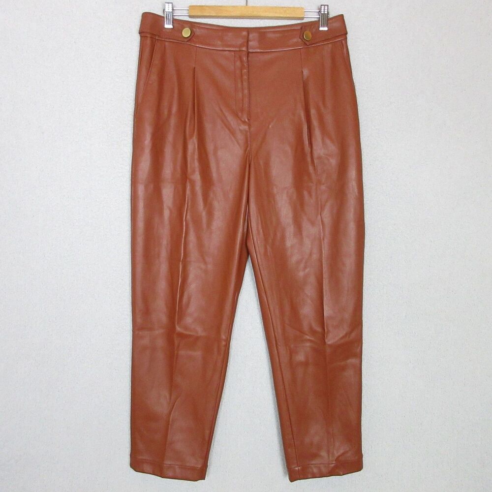 LOFT‎ Pants Womens 8 Curvy Faux Leather High Rise Tapered Ankle Brown Pleated